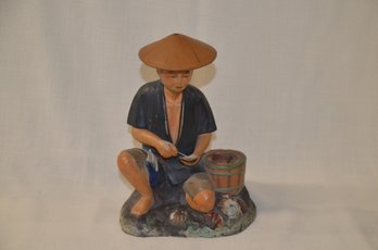 14LS) Vintage Hakata Urasaki Japanese Ceramic Clay Doll Pearl Harvest 8' ( Chipped Under Hat)