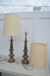 (#73) Vintage Pair Of Very Heavy 26' Brass Stiffel Style Candle Stick  Table Lamps With Shade