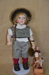 (#69) Porcelain Girl Doll With Stand Wood Toy Wagon Series Collection By Seymour Mann Inc. #446/1200 19'H