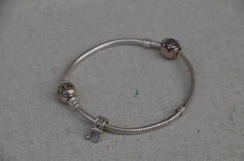 (#138) Sterling Silver Pandora Bracelet With Music Note Charm And Rose Charm