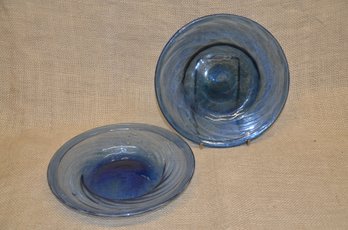 235) Hand Blown Swirl Cobalt Blue Glass Decorative Shallow Bowls 7.5' Diag. Set Of 2
