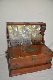 63) Vintage English Victorian Oak Tantalus Crystal Decanters Set Storage Compartments With Key And Drawer
