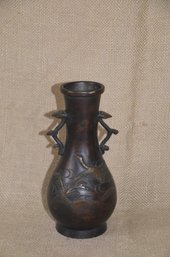 58) Antique Japanese Inlaid Bronze & Mixed Metal Handled Bird 8' Vase