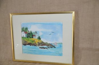 6) Watercolor Framed Picture Of Beach House By Jane McCrea