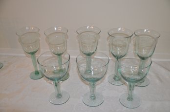 (#17) Long Stem Tinted Green Wine Glasses (8) ~ Cocktail Glasses 2 Sizes. ~ Check Photos