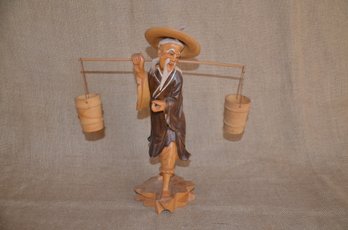 39) Vintage Chinese Hand Carved Wood Figurine With Water Buckets