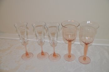(#18)  Pink Tinted Long Stem Wine / Cocktail Glasses / Hand Blown Lot Of 5