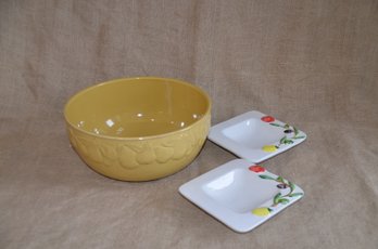 (#16EL) Porcelain Harry & David Salad Serving Bowl / Pair Of 6x6 Dip Bowls Ortocon Serviera