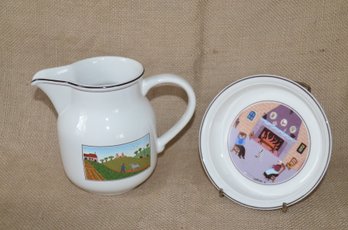 63) Villeroy & Boch Porcelain Creamer Pitcher 5.5'H And Round Bowl 5' Oven To Table Ware Bowl