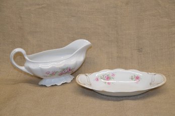 239) Vintage Porcelain CP Dixie Co. Gravy Boat And Dish Pink Flower Detail