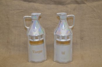 240) Vintage German Oil & Vinegar Cruet Bottle Set 9.5' H Iridescent White Lusterware