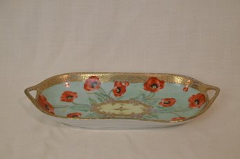 6) Vintage Hand Painted Japan Porcelain Elongated Bowl Gold Edge Trim Green / Orange Poppies