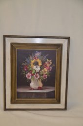 23LS) Painted On Wood Flower Arrangement Framed  12x14