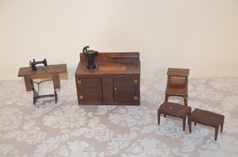 (#224) Doll House Kitchen Sink Cabinet, Sewing Machine, 3 Tables