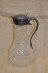 243) Vintage Cut Clear Glass Silver Plate Top And Handle 11' Serving Pitcher Carafe
