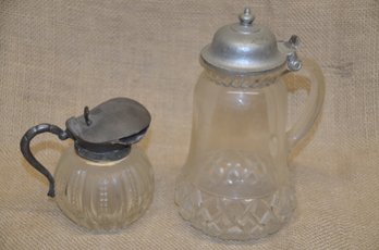 244) Vintage Cut Clear Glass Silver Plate Top 4' Creamer And 6' Pitcher Carafe