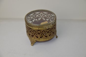 (#449) Vintage Round Gold Metal Jewelry Covered Trinket Box 3'H