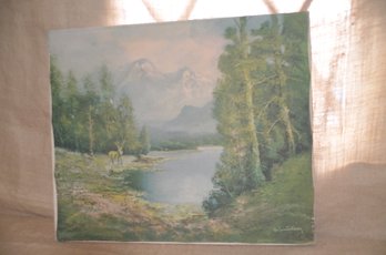 (#43) Print On Canvas Forest Lake Mountain Scene With Deer