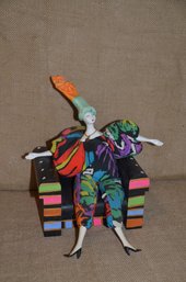 (#186) Wood Black Painted Colorful Design &  Rigodon France Doll Porcelain Face, Hands, Feet  / Bead Bag