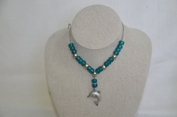 130JF) Turquoise Beaded Dolphin Charm On Chain 8.5' Long NO CLASP