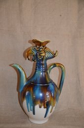 46) Ancient Porcelain Pitcher Pottery Glazed Bird Top Sculpted ( Top Spout Cracked ) 16'H