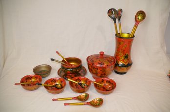 9) 21 Pieces Russian Hand Painted Khokhloma Wooden Bowls, Plate, Spoons, Vase Set Soviet USSR
