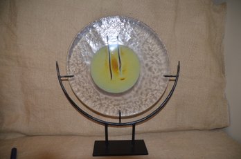(#187) Art Glass Deco Large Round With Metal Base