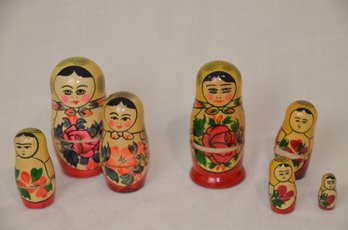 9) Russian Hand Painted Nesting Stackable Dolls 4' Set Of 2