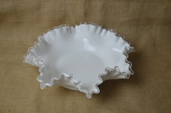 Vintage Fenton White Milk Glass Ruffle Clear Edge Bowl