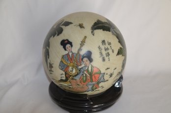(#132) Oriental Japanese Satsuma Ceramic Geisha Sculpture Globe Hand-painted On Wood Stand