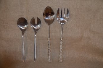 (#12) Two (2) Sets Pair Of Stainless Steel Salad Fork & Spoon Server ( One From Italy 12')