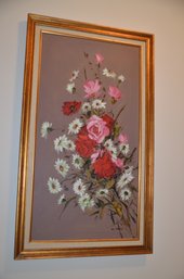 (#86) Framed Rose And Daisy Floral Arrangement Orig. Oil Painting Hong Kong Chinese Art Studio