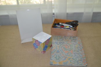 Blank Note Book, Acrylic Letter Stand, Assorted Pens And Pencils, Note Cube