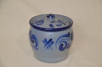 14) Pottery Stoneware Blue Sugar / Butter / Jelly Jar Bowl With Lid