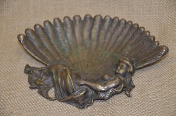 258) Solid Brass Art Nouveau Fan Women Shell Patina Medal Trinket Dish Tray 5x7