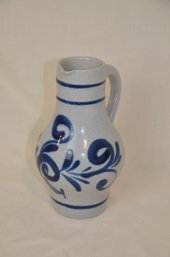 15) Pottery Stoneware Blue / Gray Handled Pitcher 8.5'
