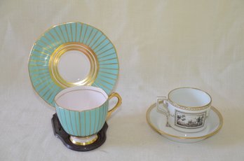 110) Vintage Richard Ginori Fiesole Demitasse Cup & Saucer Italy ~ Green / Gold Tuscan Bone China Cup & Saucer