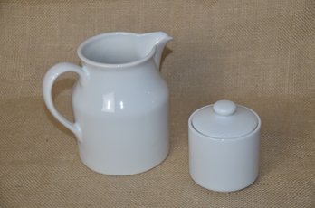 (#102) Crate & Barrel White Pitcher 6' And White Covered Sugar Bowl 4'