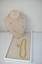 (#460) Gold Accent Costume Necklace Matching Earrings ~ Silver Tone Necklace Green Accent Beads