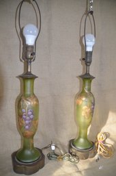26) Pair Of Vintage Table Lamps Green Glass Hand Painted Gold Leaf & Grapes Design