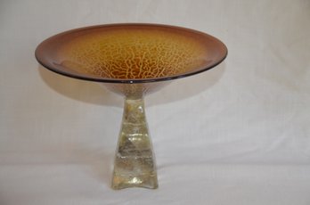 1) Willsea O'brien Hand Blown Amber Crackle Bowl Art Glass Pedestal Bowl 10.5'H