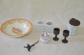 111) Assorted Lot Of Trinkets ( Mini Porcelain Dice Ash Tray - Mini Brass )