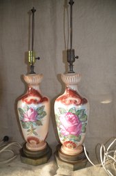 27) Vintage Pair Of Ceramic Hand Painted Roses Table Lamps 16'H Vase Part Brass Base