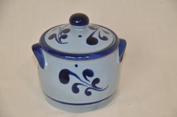 18) Stoneware Pottery Blue / Gary Sugar / Marmelade Bowl With Lid 4'