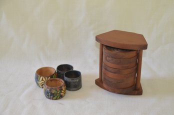 112) Set Of Wood Coasters Storage And 4  Napkins Rings