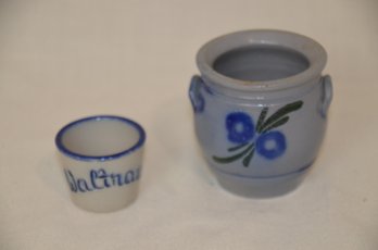 19) Stoneware Pottery Blue Gray 3' Crock - 2' Jar Toothpick Holder