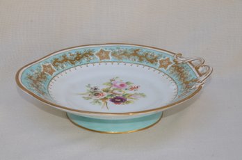 69) Vintage Porcelain #2492 Footed Handled Serving 10' Round Platter Gold Trim Teal Floral Pattern