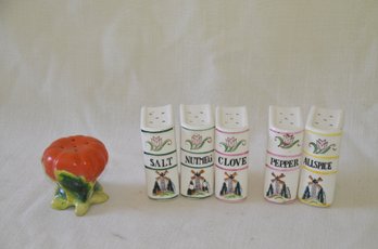 113) Porcelain Vintage Windmill Book Spice Shakers Set ( Salt, Pepper, Nutmeg, Clove, All Spice )