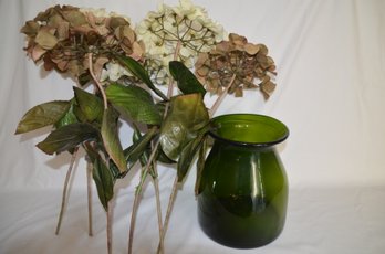 (#143) Green Hand Blown Vase With Artificial Hydrangea Stemmed Flowers