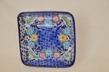 21) Castillo Mexico Pottery Glazed Square Serving Platter Blue With Floral Pattern 9.5
